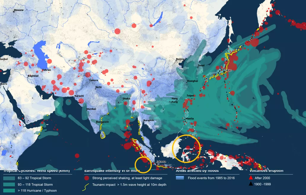 Regional map of Asia and the Pacific illustrates natural hazard risks and environmental events across the continent and surrounding oceans